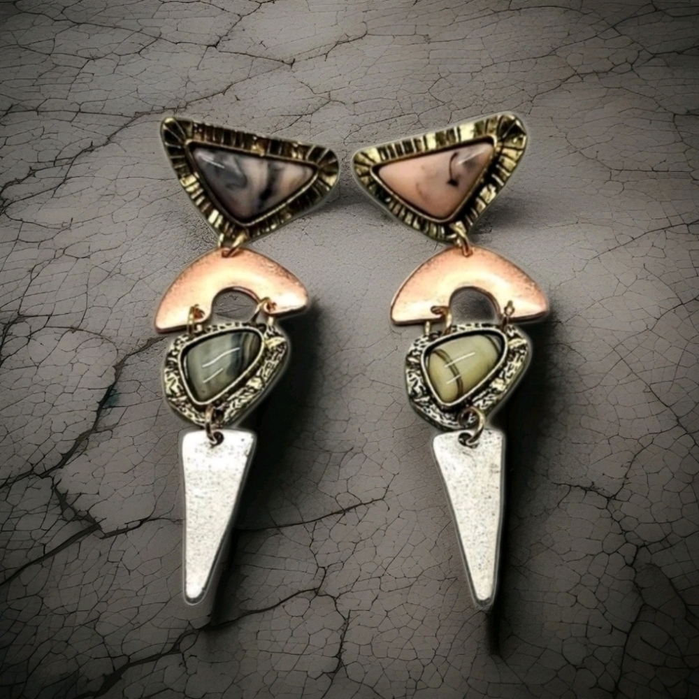 Artisan Abstract Natural Multi Stone Mixed Metal Dangle Earrings